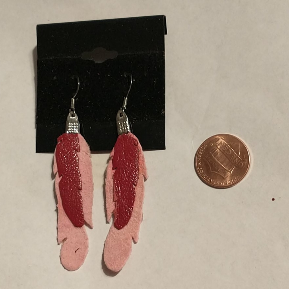 Pink and Red Leather Feather Earrings
